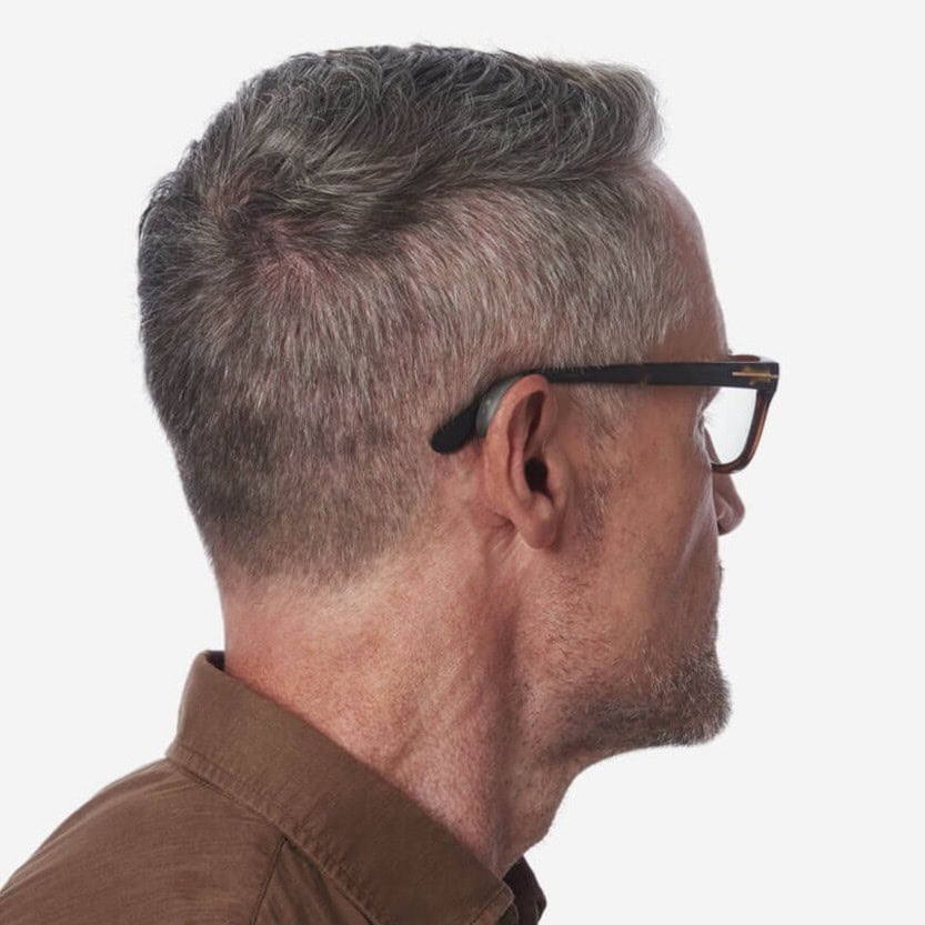 Side profile of a mature man wearing glasses, highlighting hearing health.